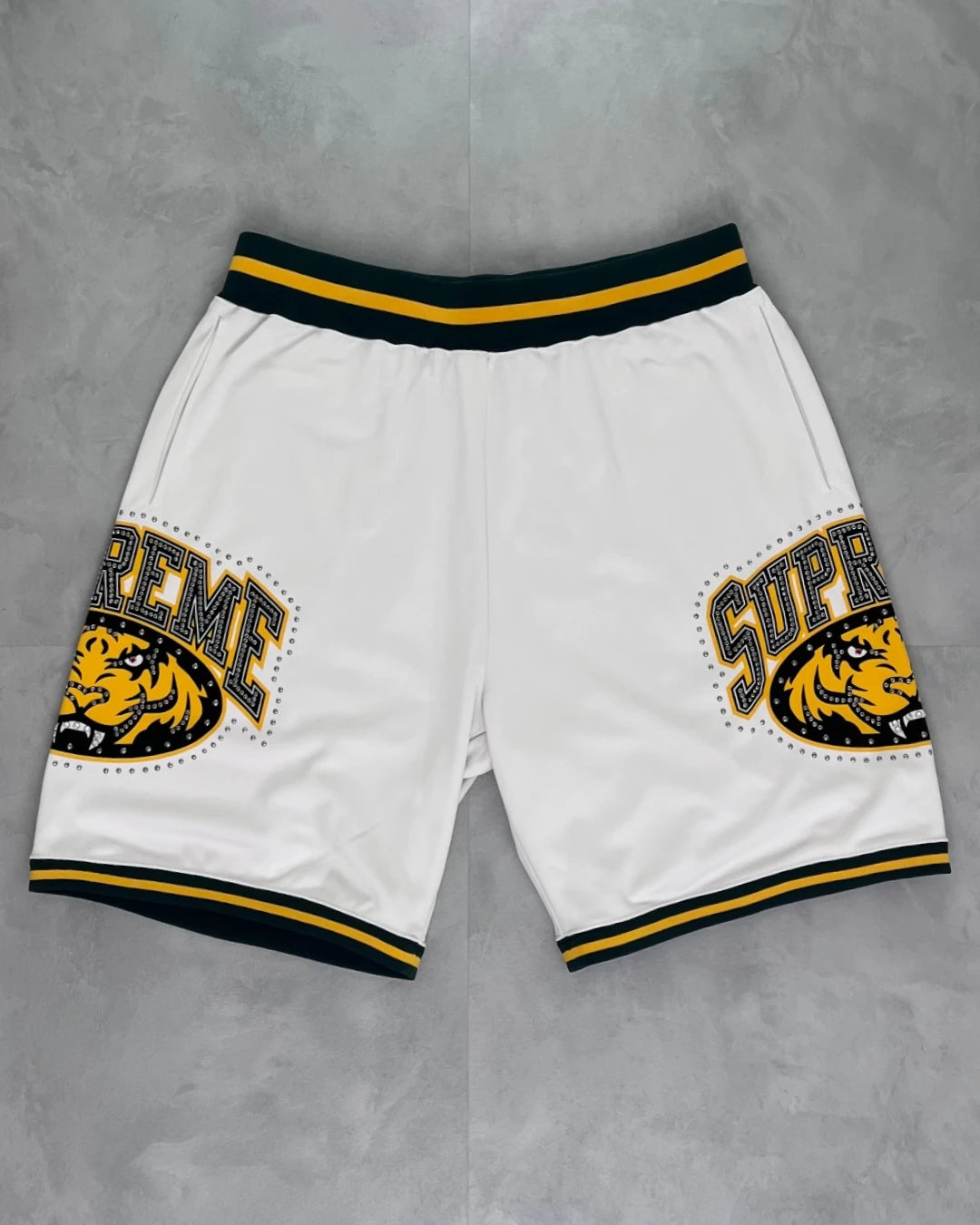 Supreme Tiger Logo Studded Rhinestone Basketball Shorts white – S