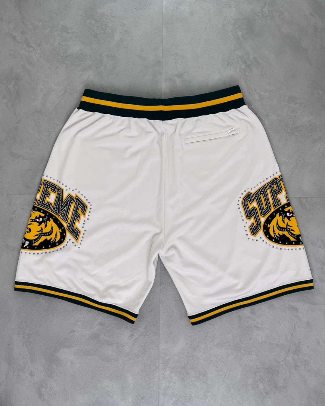 Supreme Tiger Logo Studded Rhinestone Basketball Shorts white – S