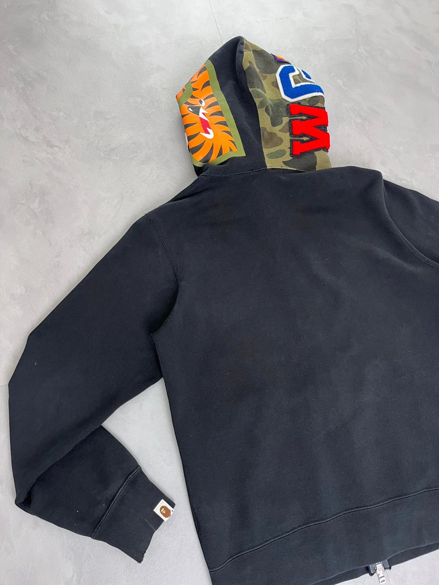 Bape Double Hooded Shark Zip Up Hoodie black / green camo - M