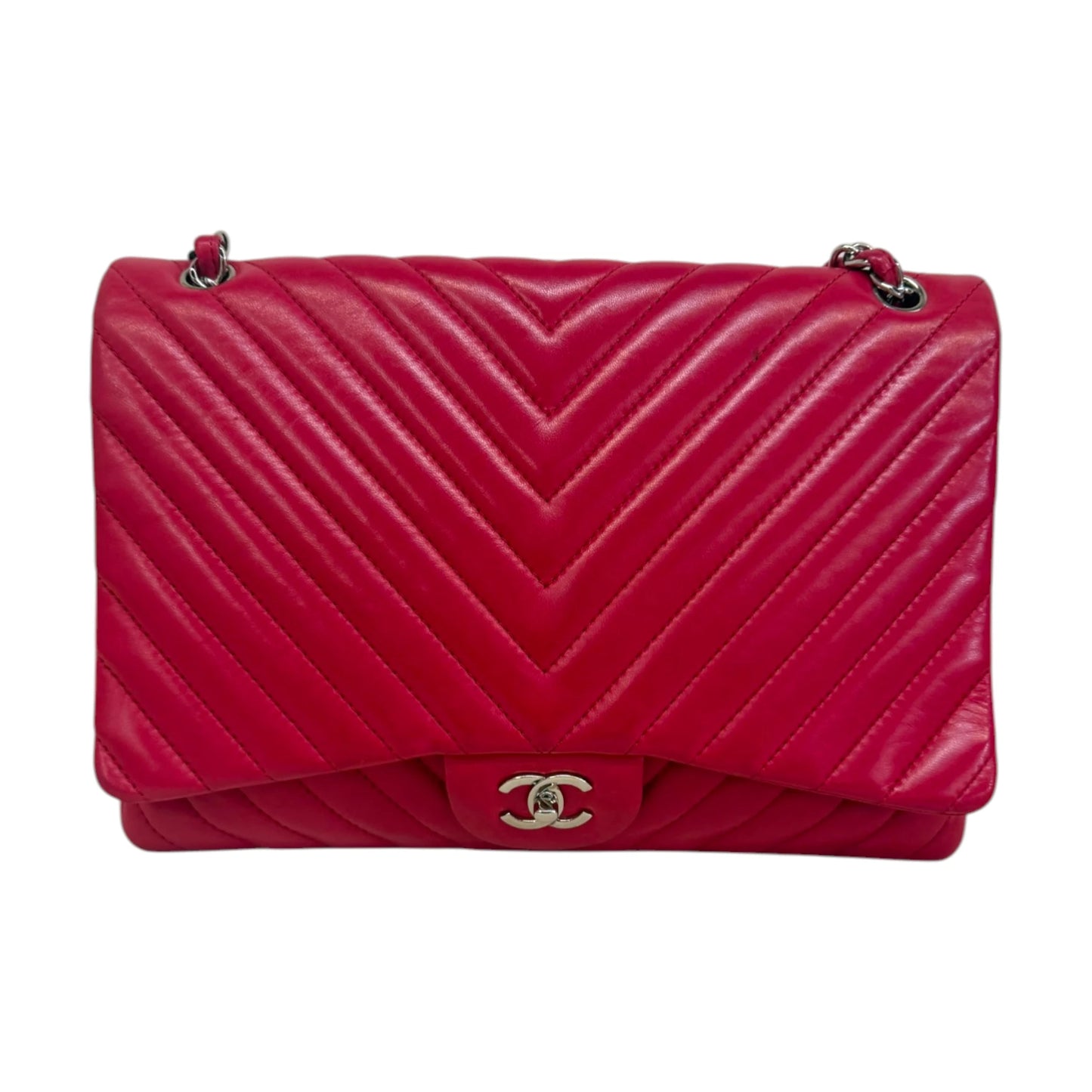 Chanel 2010 Maxi Classic Chevron Lamb Skin Single Flap Shoulder Bag Red - OS