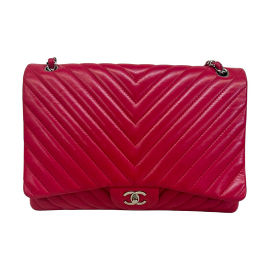 Chanel 2010 Maxi Classic Chevron Lamb Skin Single Flap Shoulder Bag Red - OS