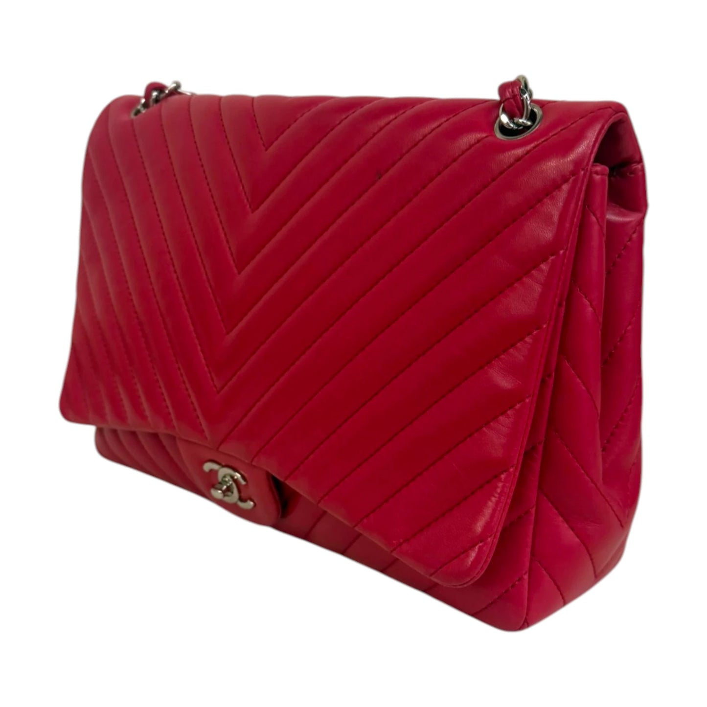 Chanel 2010 Maxi Classic Chevron Lamb Skin Single Flap Shoulder Bag Red - OS