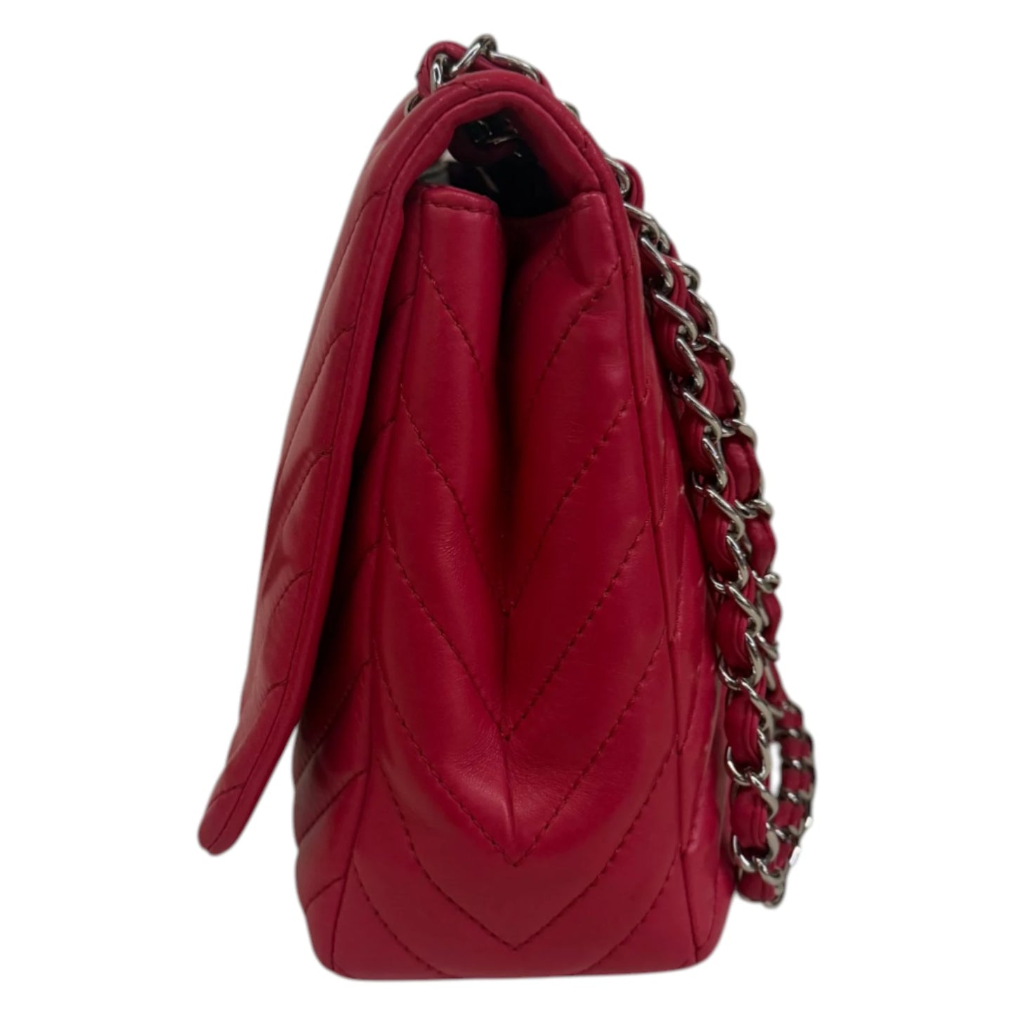 Chanel 2010 Maxi Classic Chevron Lamb Skin Single Flap Shoulder Bag Red - OS