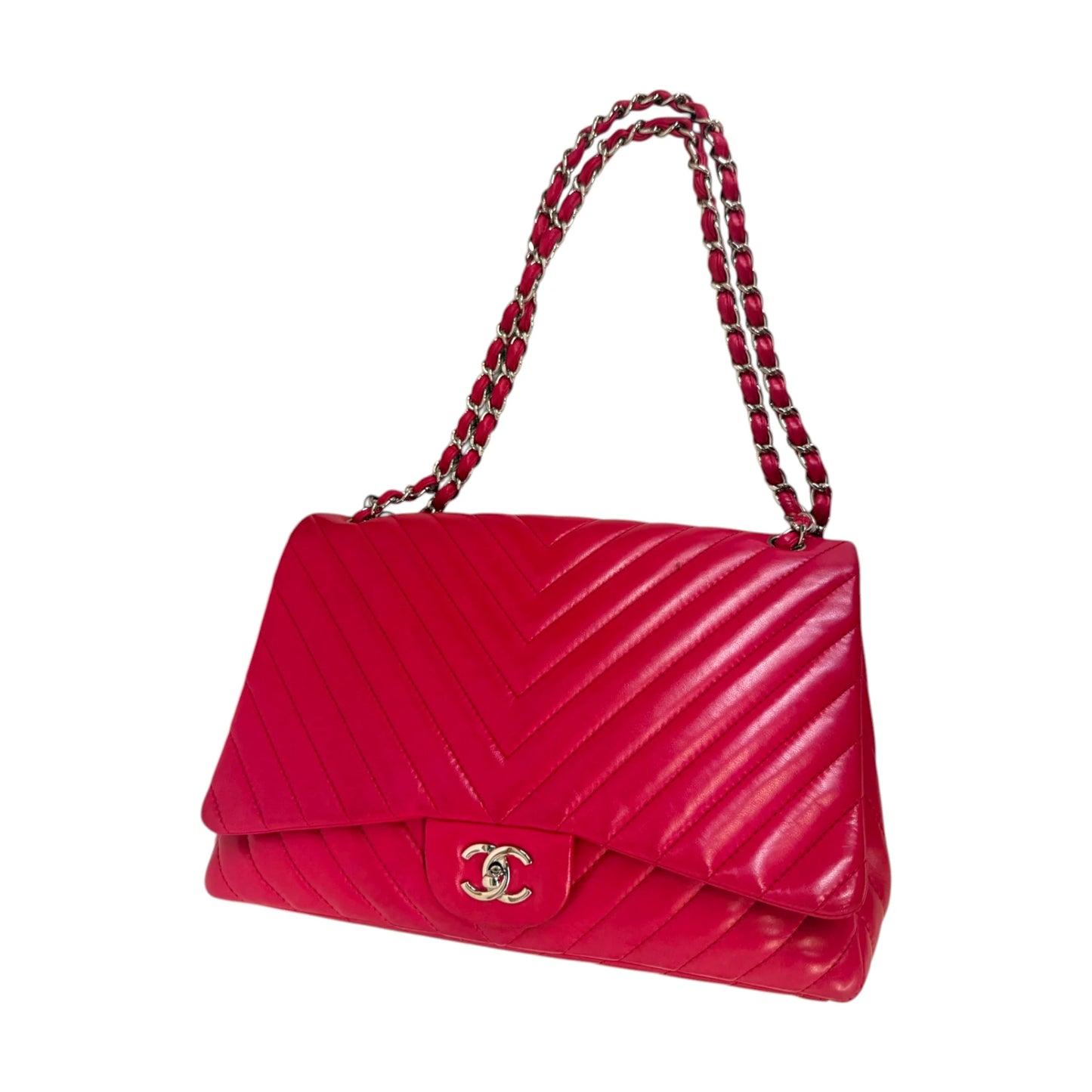 Chanel 2010 Maxi Classic Chevron Lamb Skin Single Flap Shoulder Bag Red - OS