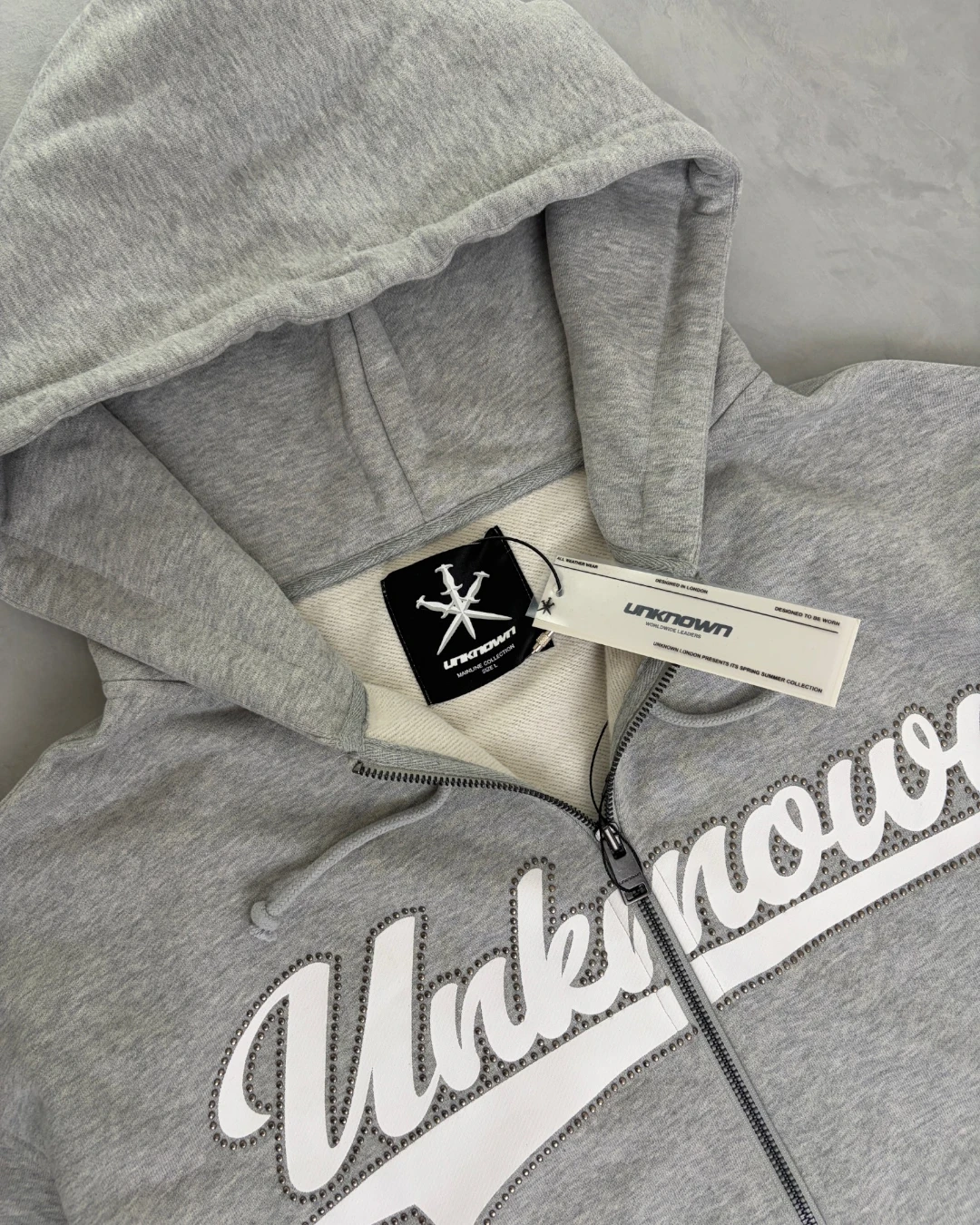Unknown London Studded Script Logo Hoodie grey – XS