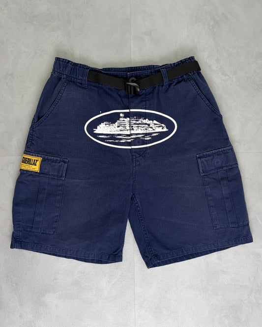 Corteiz Alcatraz Cargo Shorts navy / white – M