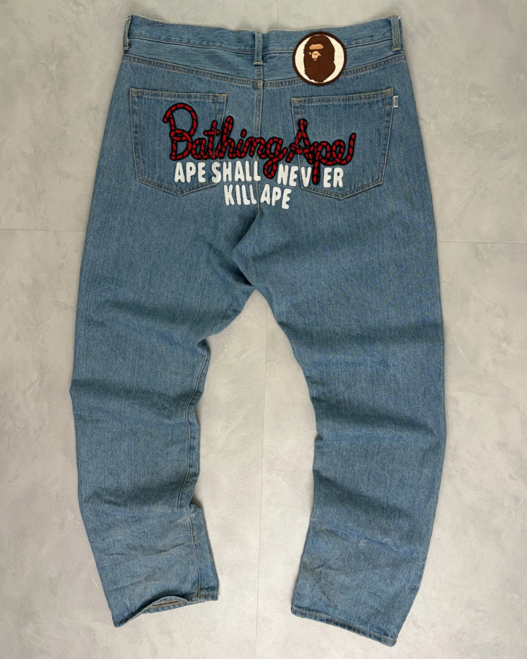 Bape Spell Out Back Embroidery Washed Jeans light blue – XXL
