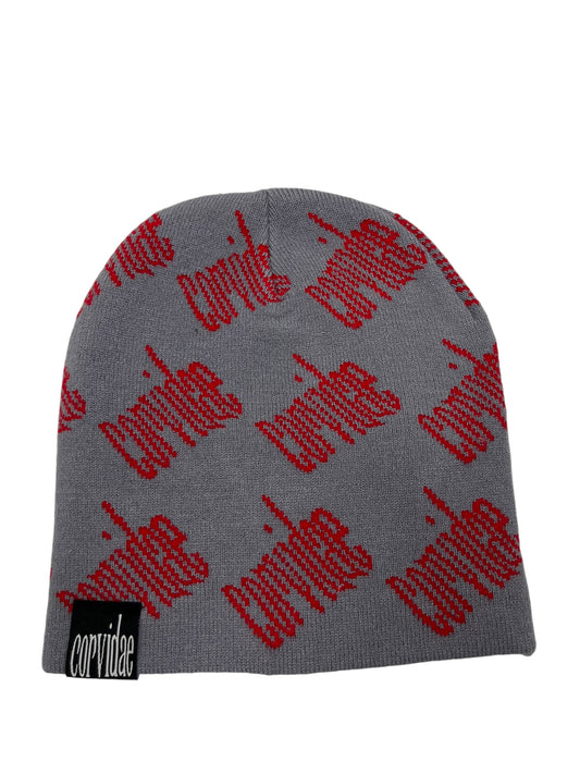 Corvidae Allover Logo Grey/Red Beanie - (NEW)