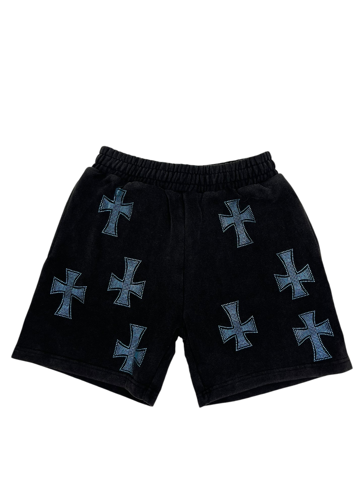 Unknown Cross Rhinestone Shorts Black/Blue - (NEW)